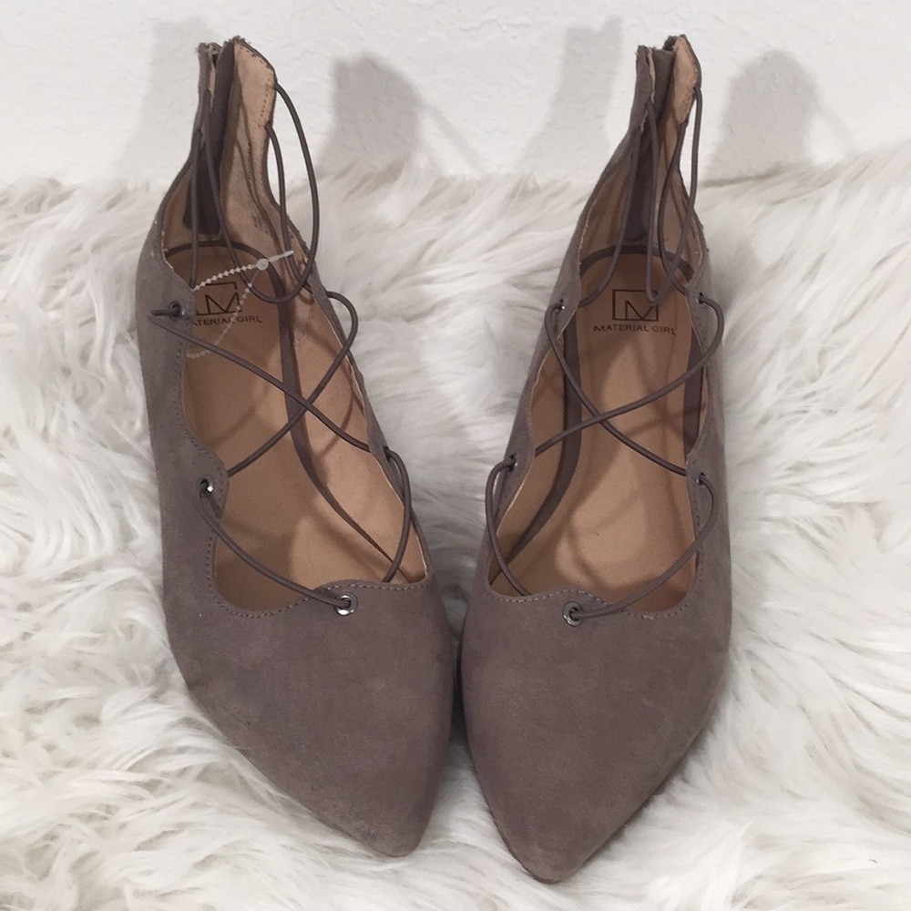 Material Girl Mibby Taupe Lace Up Ballet Flats 11